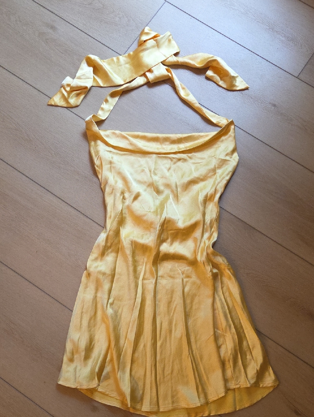 Womens Cowl Neck Satin Dress in Yellow